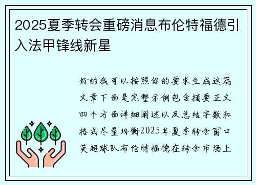 2025夏季转会重磅消息布伦特福德引入法甲锋线新星