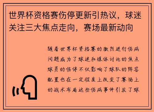 世界杯资格赛伤停更新引热议，球迷关注三大焦点走向，赛场最新动向
