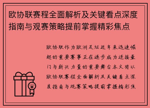 欧协联赛程全面解析及关键看点深度指南与观赛策略提前掌握精彩焦点